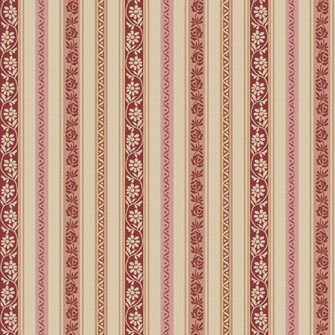 Tan fabric with pink stripes full of florals, vines, and dotted patterns.