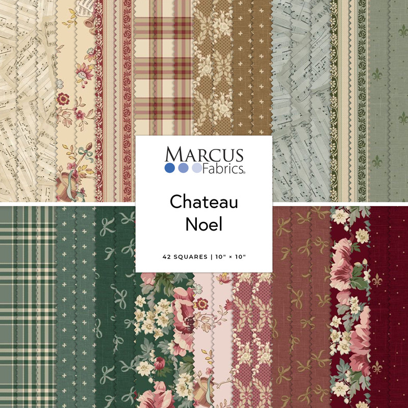 Digital collage of the 10" Squares Bundle from the Chateau Noel fabric collection.