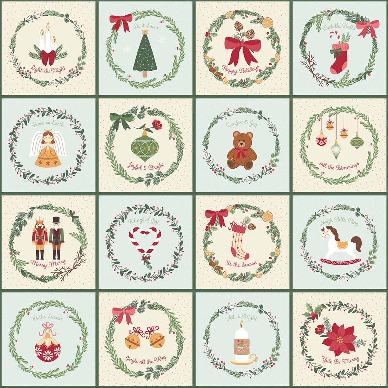 cream and aqua panel featuring 24 holiday-themed blocks adorned with wreaths, stockings, ornaments, gingerbread cookies, nutcrackers, sweet holiday greetings, and other cheerful seasonal motifs.
