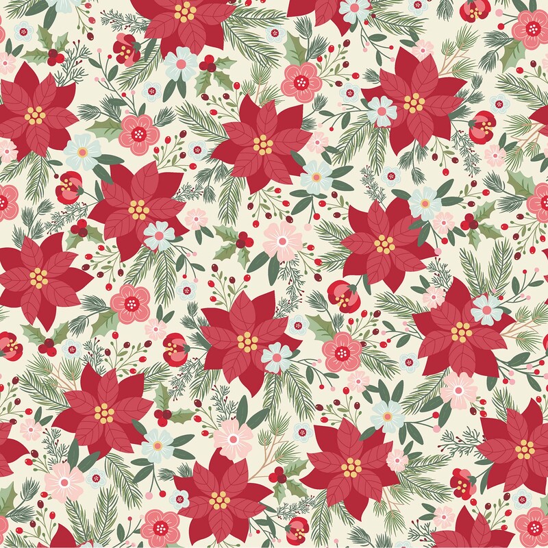 vibrant red poinsettias surrounded by delicate pink and pale blue blossoms, lush evergreen branches, holly leaves, and cheerful red berries on a warm cream background.