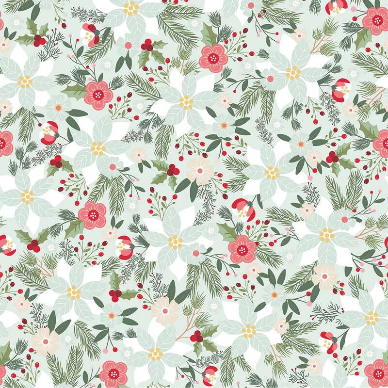soft aqua and white poinsettias surrounded by delicate pink and beige blossoms, lush evergreen branches, holly leaves, and cheerful red berries on a pale aqua background.
