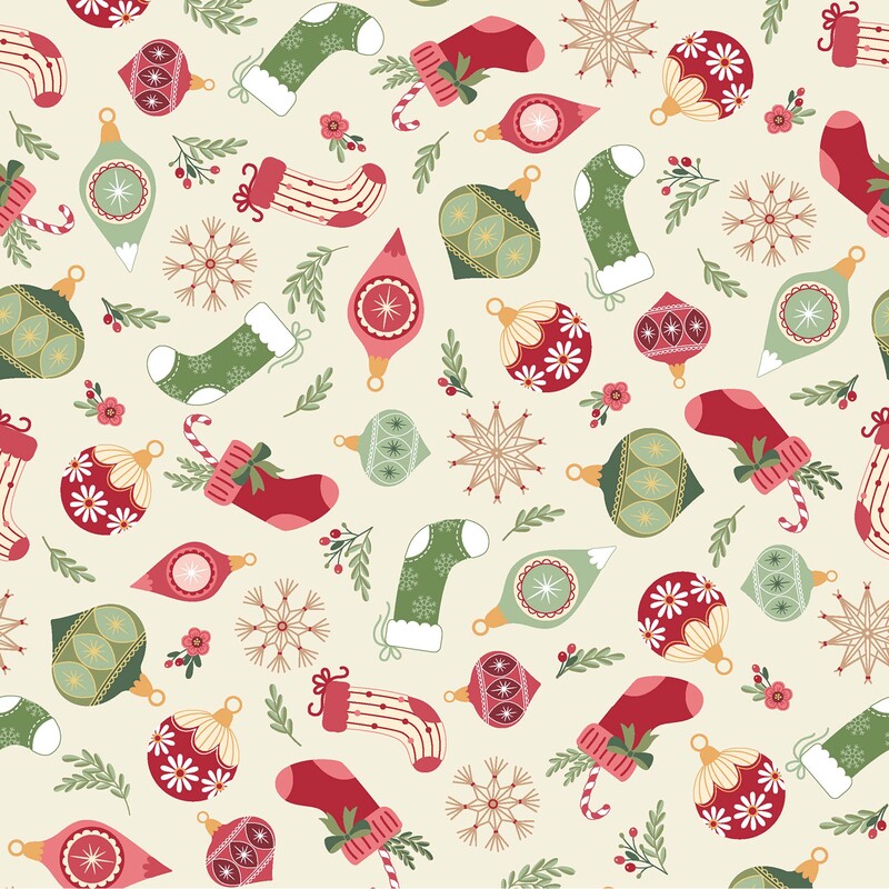 assortment of colorful stockings, decorative ornaments, snowflakes, candy canes, and sprigs of holiday greenery on a warm cream background.