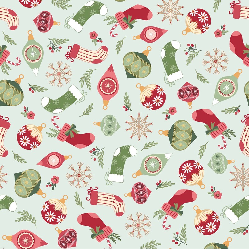 assortment of colorful stockings, decorative ornaments, snowflakes, candy canes, and sprigs of holiday greenery on a cool aqua background.
