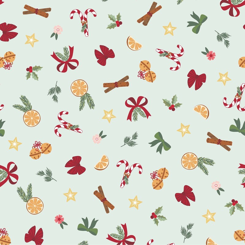 scattered candy canes, cinnamon sticks, orange slices, festive bows, golden bells, stars, and sprigs of holiday greenery on a pale aqua background.