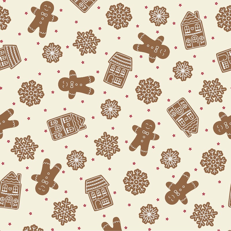 gingerbread men, gingerbread houses, and decorative snowflake cookies scattered with tiny red stars on a warm cream background.