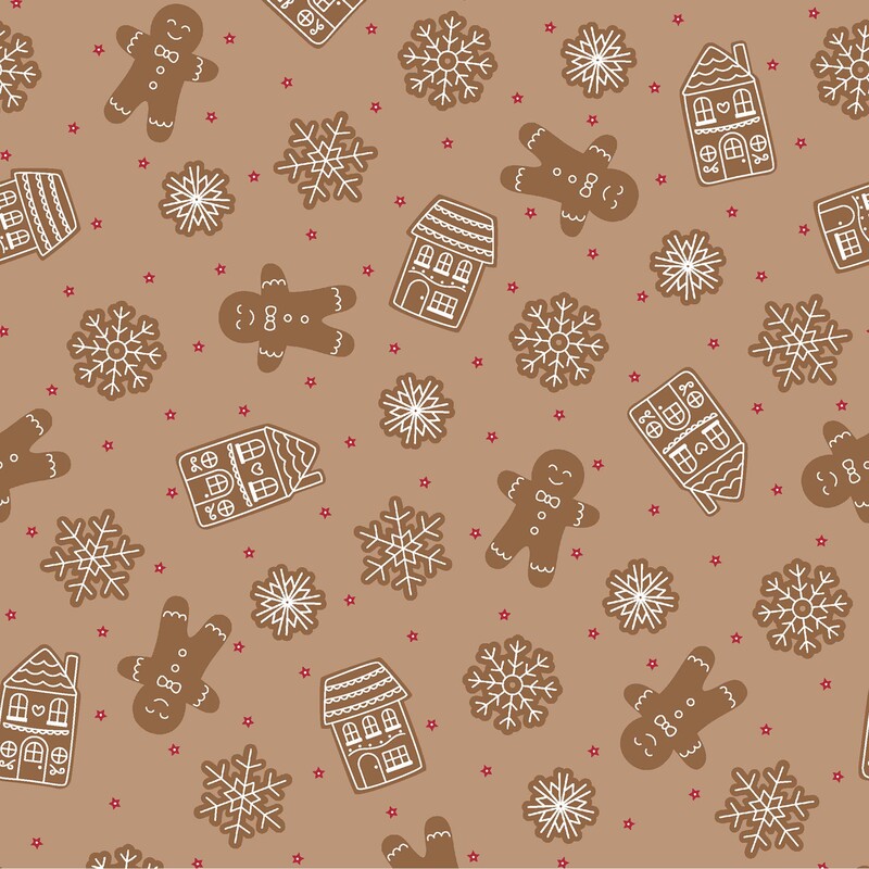 gingerbread men, gingerbread houses, and decorative snowflake cookies scattered with tiny red stars on a light brown background.