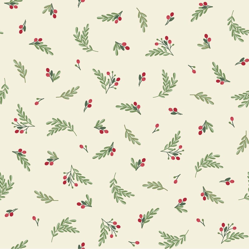 fabric featuring delicate sprigs of greenery and cheerful red berries scattered across a soft cream background.
