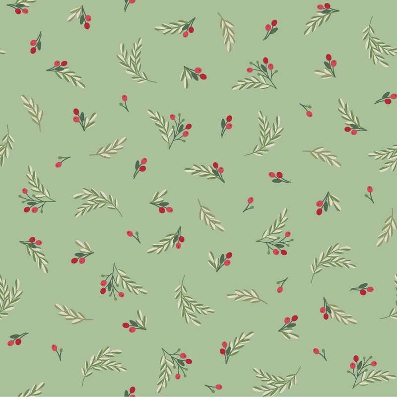 fabric featuring delicate sprigs of greenery and cheerful red berries scattered across a soft mint green background.