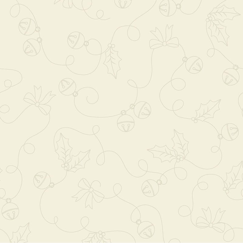 tonal cream fabric featuring delicate outlines of jingle bells, holly leaves, and bows connected by whimsical swirling ribbons