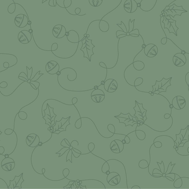tonal green fabric featuring delicate outlines of jingle bells, holly leaves, and bows connected by whimsical swirling ribbons