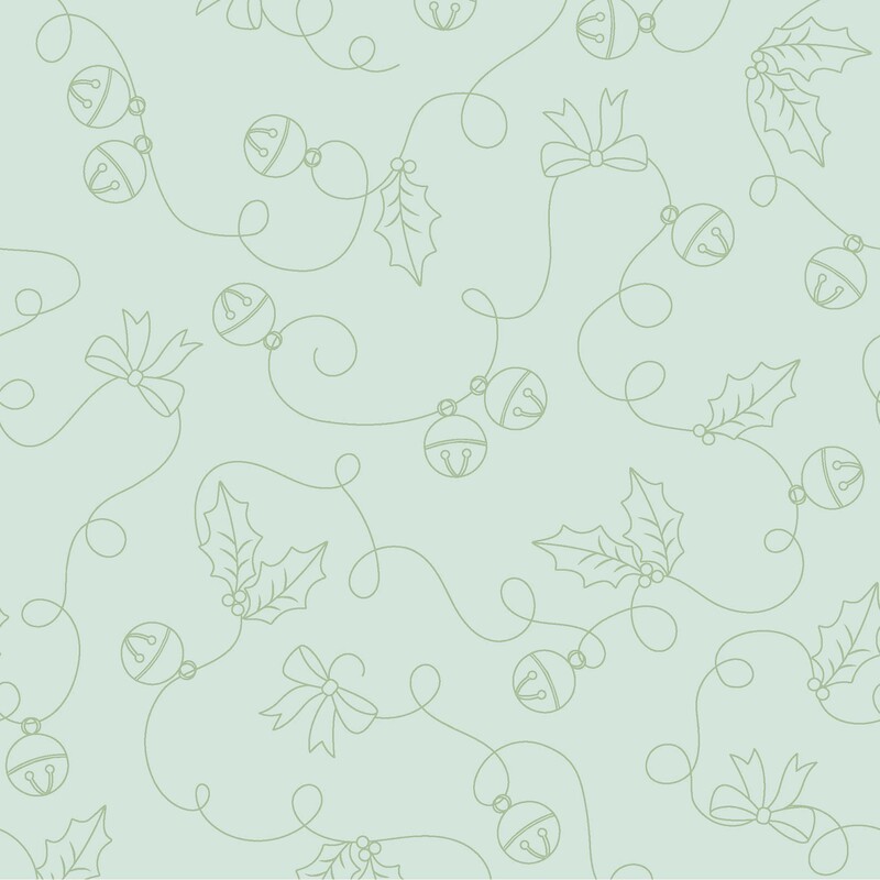 aqua fabric featuring delicate green outlines of jingle bells, holly leaves, and bows connected by whimsical swirling ribbons