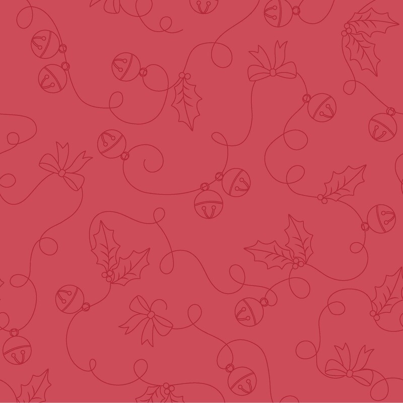 tonal red fabric featuring delicate outlines of jingle bells, holly leaves, and bows connected by whimsical swirling ribbons