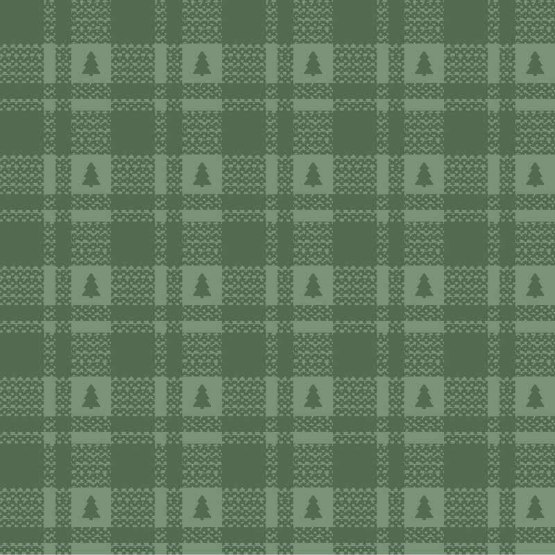 tonal green plaid fabric accented with tiny Christmas trees and delicate textured details