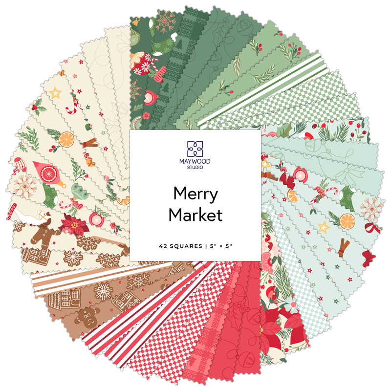 Circular collage of green, aqua, red, brown, and cream Christmas-themed fabrics.