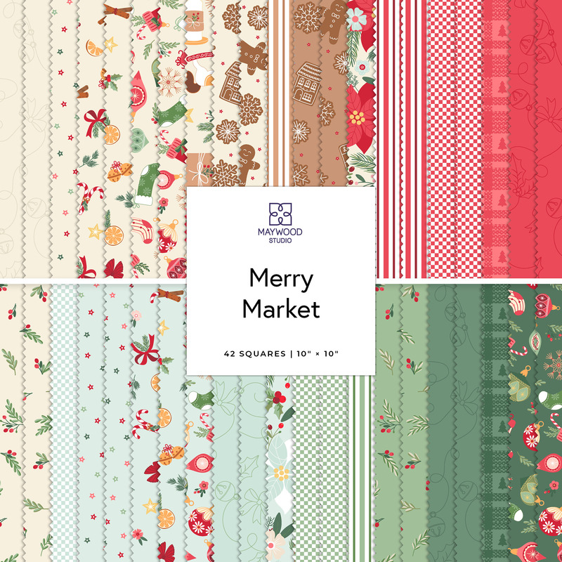 Square collage of green, aqua, red, brown, and cream Christmas-themed fabrics.