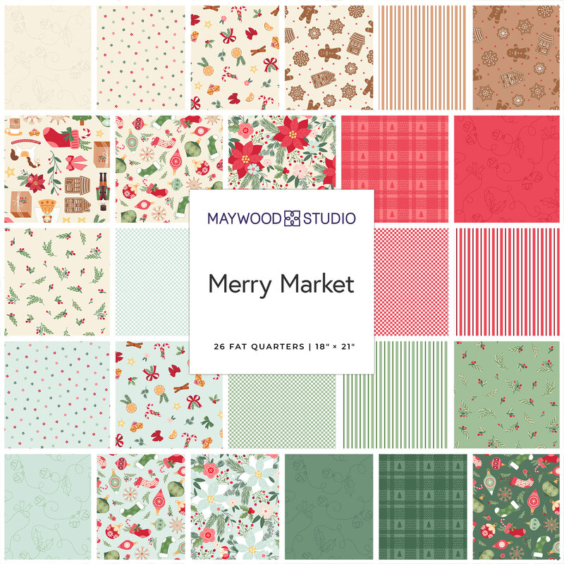 Square collage of green, aqua, red, brown, and cream Christmas-themed fabrics.