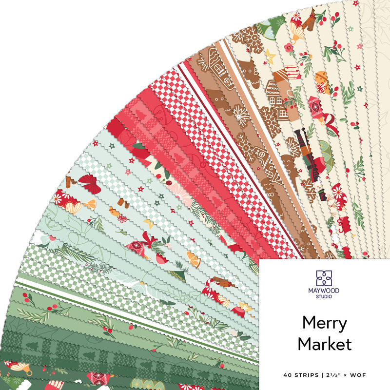 Fanned collage of green, aqua, red, brown, and cream Christmas-themed fabrics.
