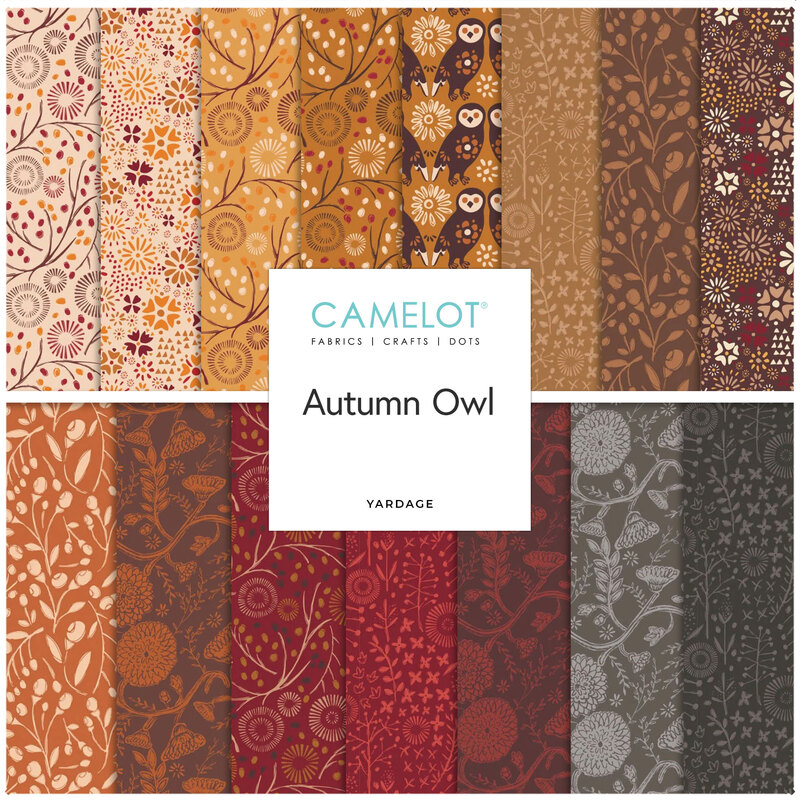 Square collage of fabrics featuring autumn florals, leaves, and owls, in hues of cream, brown, orange, red, and gray.