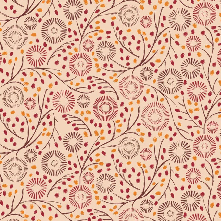 delicate branching vines adorned with red and gold berries, accented by circular floral blooms in shades of burgundy and brown on a warm beige background.