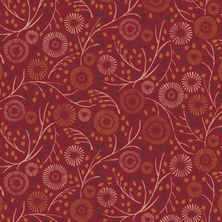 delicate branching vines adorned with tan and black berries, accented by circular floral blooms in shades of tan and cream on a rich red background.