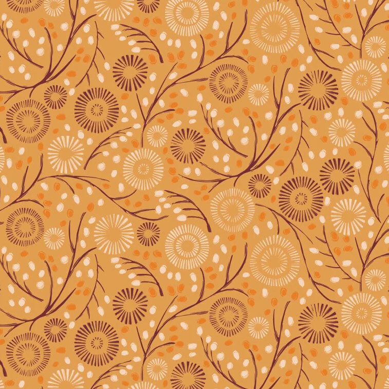 delicate branching vines adorned with orange and cream berries, accented by circular floral blooms in shades of burgundy and cream on a soft ocher background.