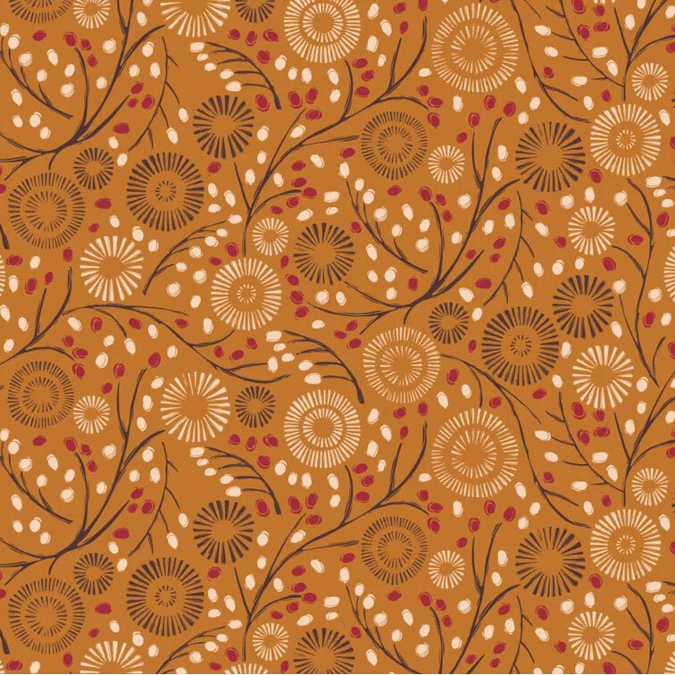 delicate branching vines adorned with red and cream berries, accented by circular floral blooms in shades of dark brown and beige on a warm gingersnap background.