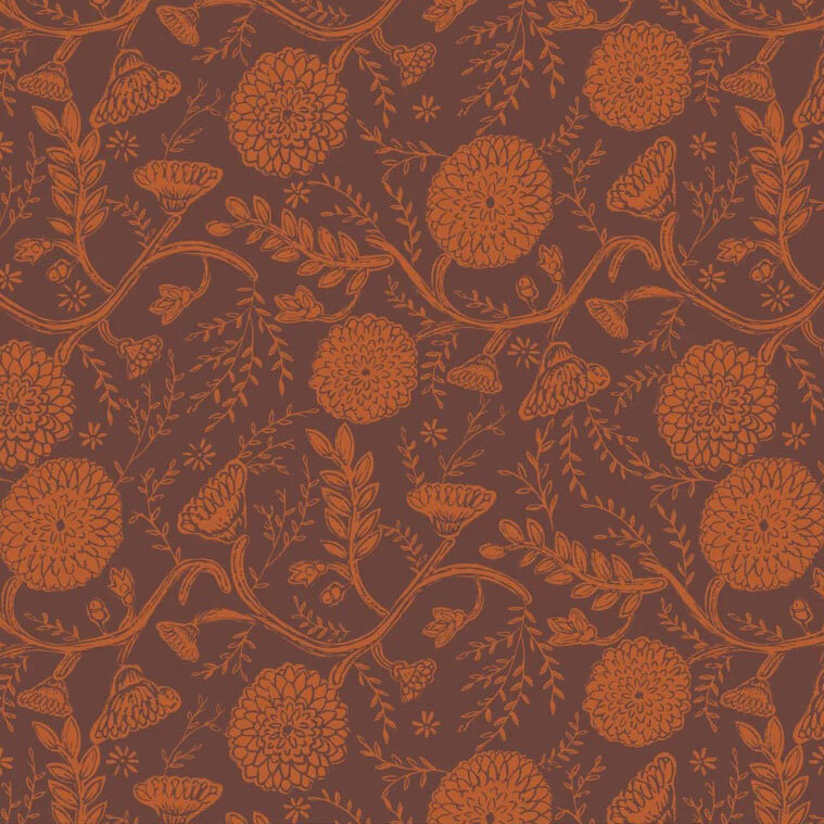 rust orange blossoms, graceful leafy vines, and swirling branches set against a rich, dark background.