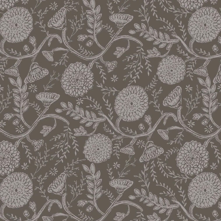 cloud gray blossoms, graceful leafy vines, and swirling branches set against a dark charcoal background.