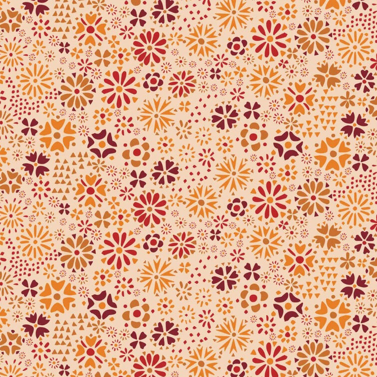 an assortment of stylized flowers, starbursts, and geometric motifs in shades of gold, tan, rust, and burgundy on a warm beige background.