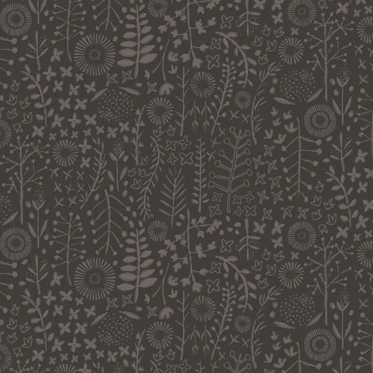 charcoal fabric featuring a delicate scattering of wildflowers, leafy sprigs, and whimsical botanical designs in subtle tonal shades.