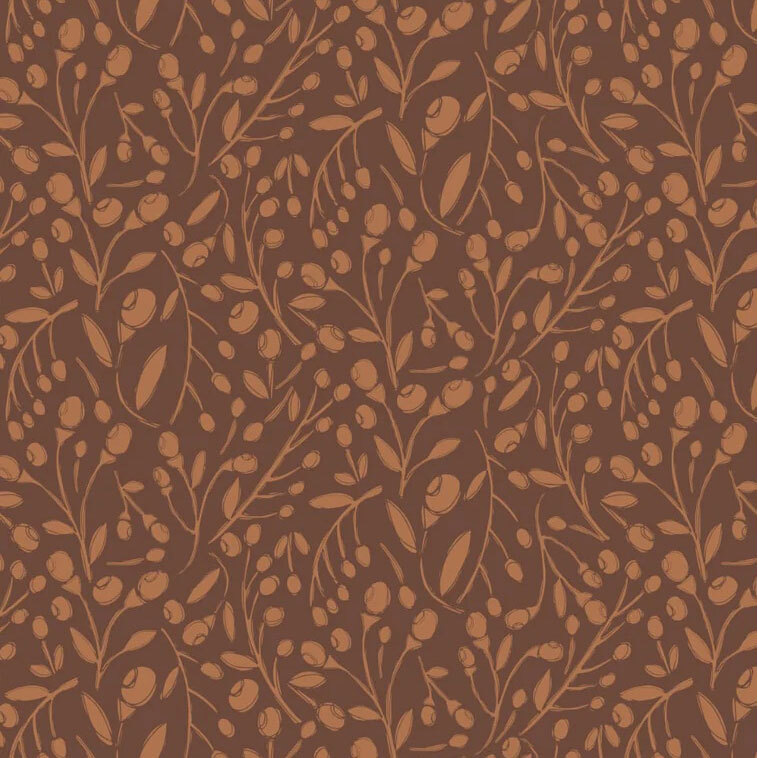 delicate leafy branches adorned with small berries and floral buds in tonal brown hues on a rich chocolate background.