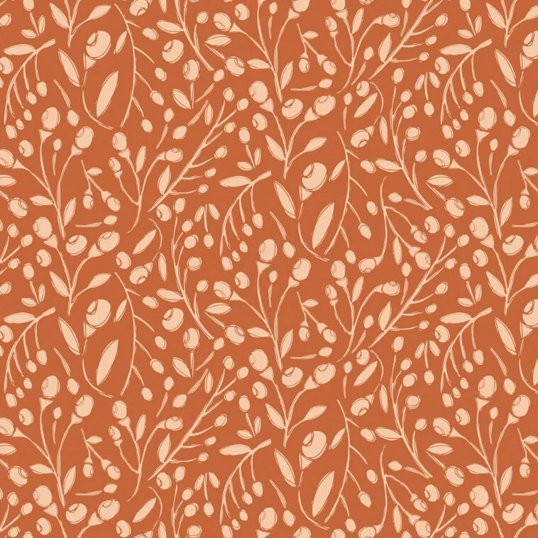 delicate cream-colored leafy branches adorned with small berries and floral buds on a warm terracotta background.