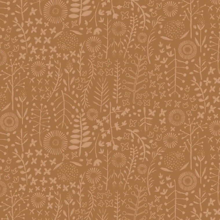 warm caramel fabric featuring a delicate scattering of wildflowers, leafy sprigs, and whimsical botanical designs in subtle tonal shades.