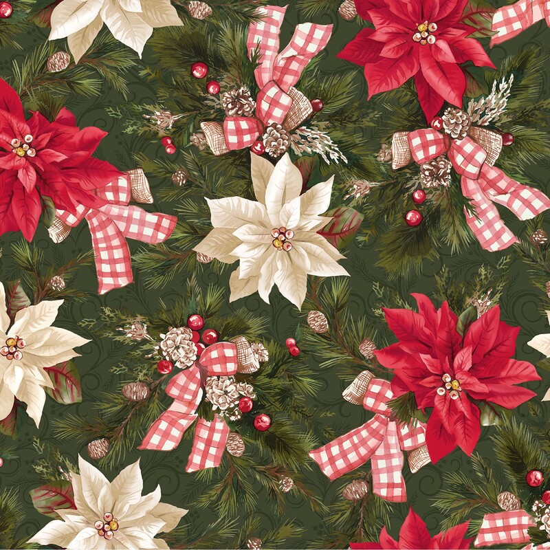 Green swirling fabric with scattered bunches of poinsettias, Christmas botanicals, and pink bows.