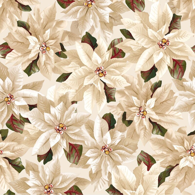 Cream fabric with large, scattered cream colored poinsettias.