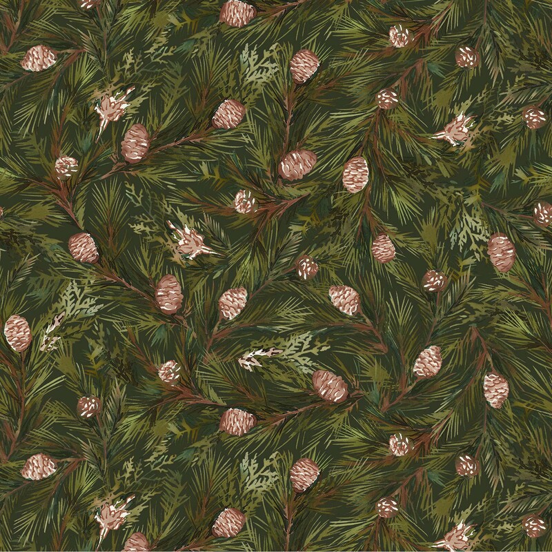 Pine green fabric topped with a packed pattern of pine boughs.