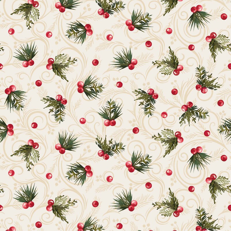 Swirling cream fabric topped with a tossed pattern of winterberries and evergreen sprigs.