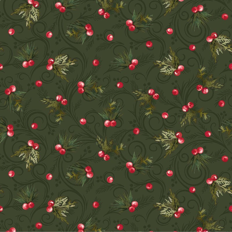 Swirling pine green fabric topped with a tossed pattern of winterberries and evergreen sprigs.