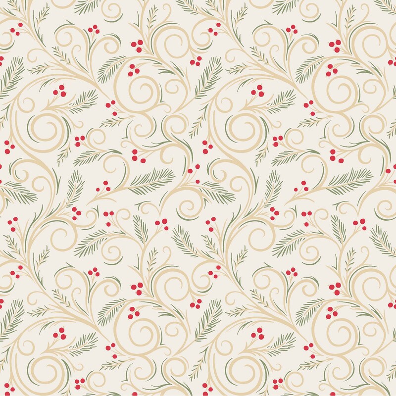 Cream fabric topped with a swirling design accented by pine boughs and winterberries.