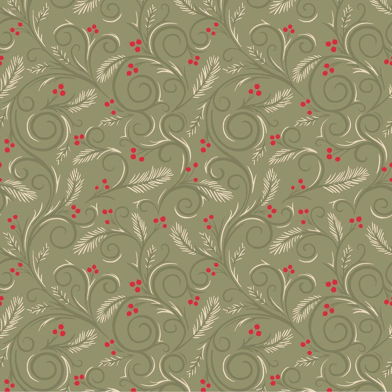 Dark sage fabric topped with a swirling design accented by pine boughs and winterberries.