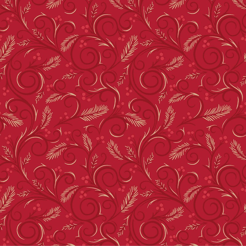 Ruby red fabric topped with a swirling design accented by pine boughs and winterberries.