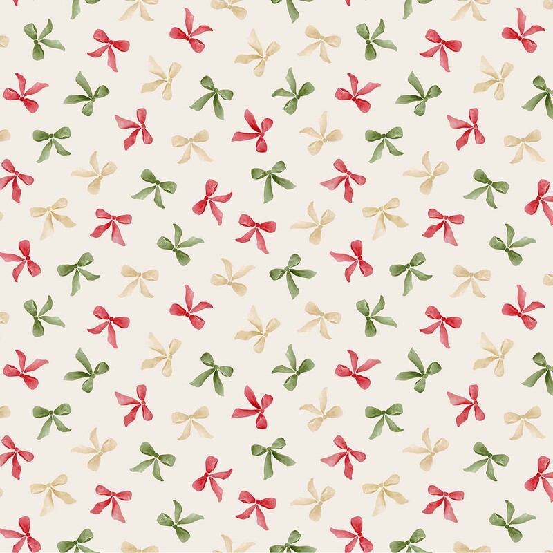 Cream fabric with tossed design of small, Christmas-colored bows.