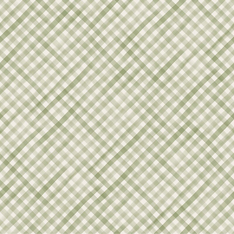 Cream fabric topped with a dense, stylized sage gingham pattern.