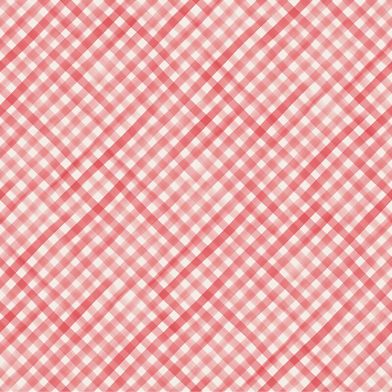 Cream fabric topped with a dense, stylized ruby red gingham pattern.