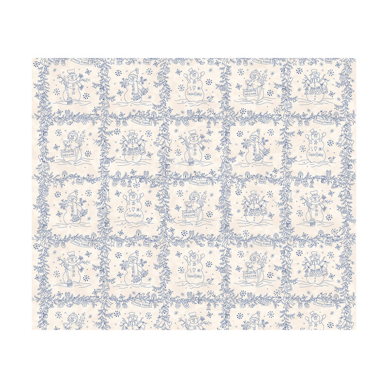 Mottled cream fabric with blocks of navy blue stylized vines and wintry motifs like snowflakes, snowmen, stars, and more.
