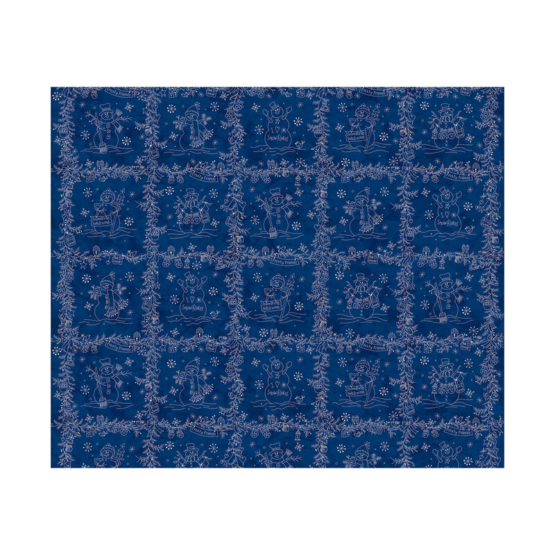 Mottled navy fabric with blocks of white, stylized vines and wintry motifs like snowflakes, snowmen, stars, and more.