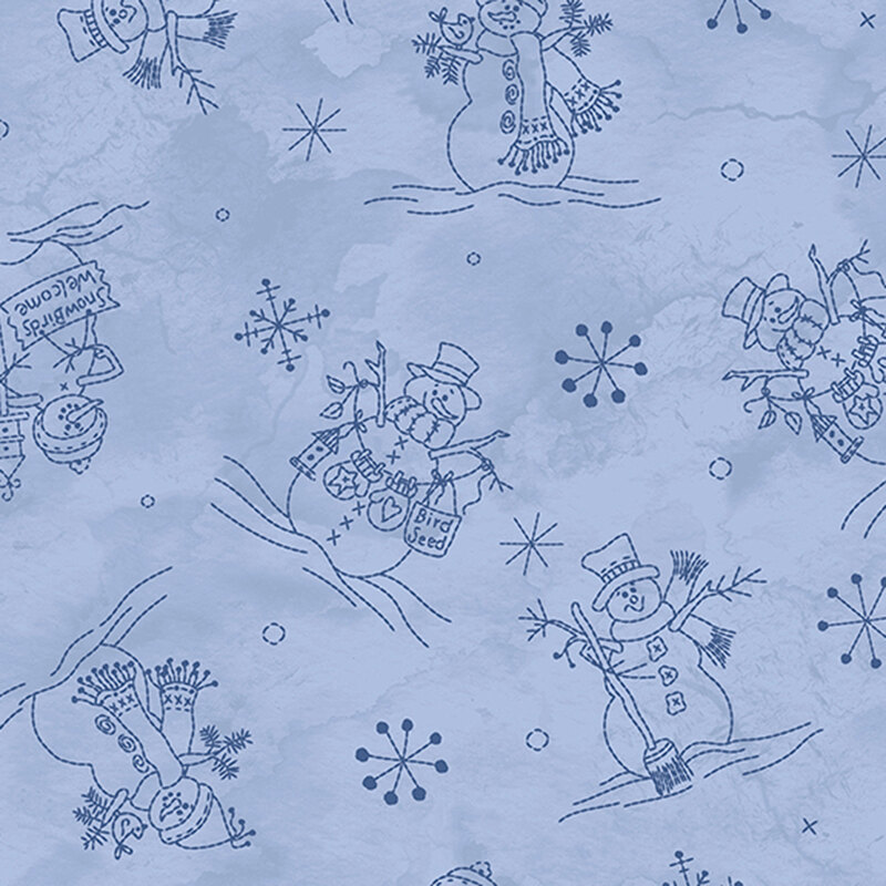 Powder blue fabric with a tossed pattern of stylized navy blue snowflakes and snowmen.
