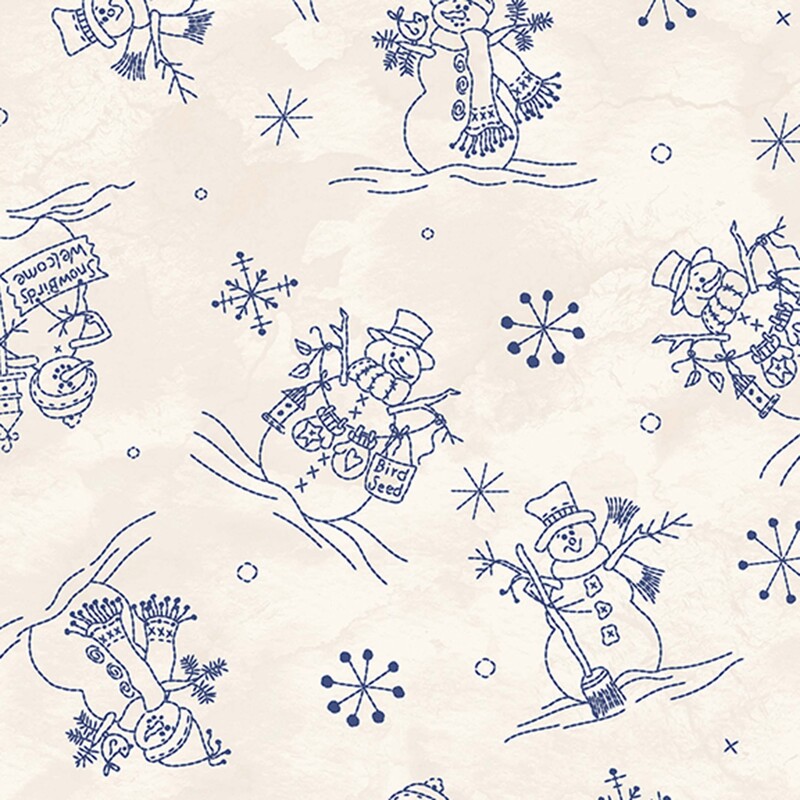 Mottled cream fabric with a tossed pattern of stylized navy blue snowflakes and snowmen.