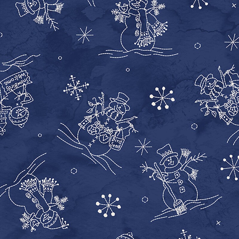 Navy blue fabric with a tossed pattern of stylized white snowflakes and snowmen.