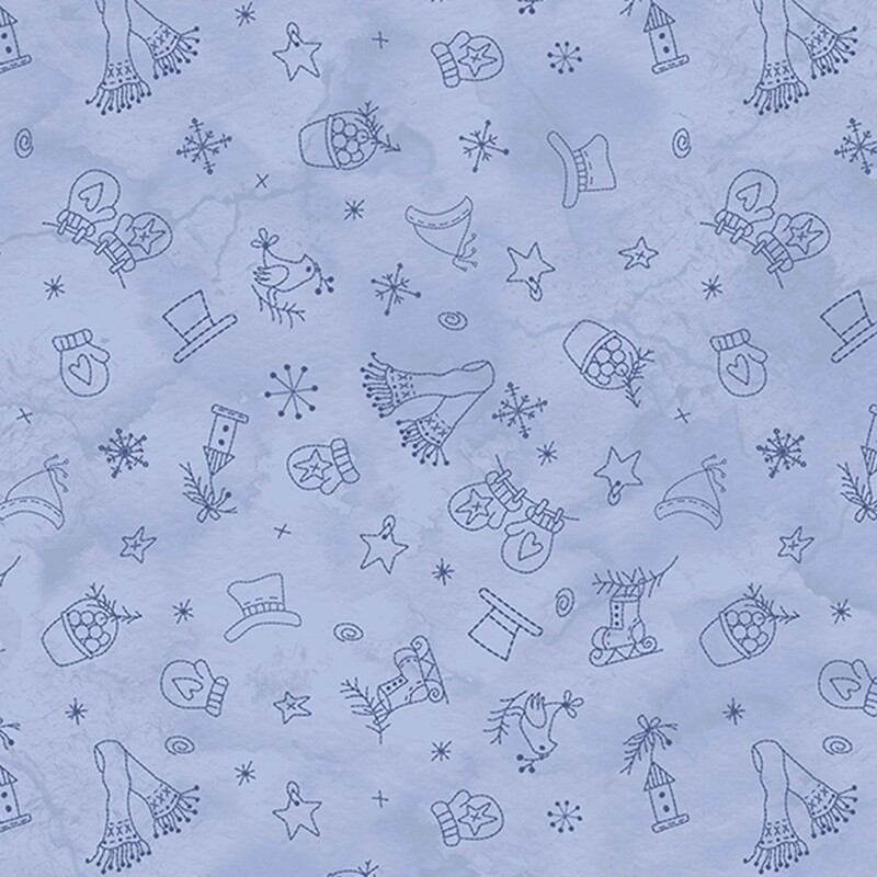 Mottled powder blue fabric with a tossed pattern of navy blue wintry motifs like snowflakes, mittens, ice skates, scarves, and more.